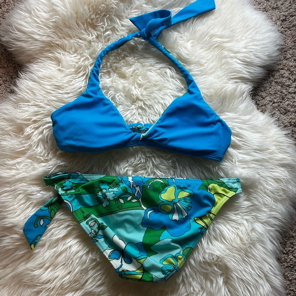 Y2K Billabong Blue & Green Flower Bikini Sz Medium - Picture 3 of 8